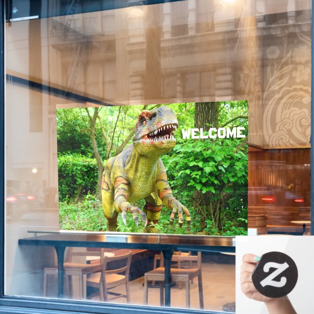 Dinosaurier begrüßt Besucher fröhlichen Ausdruck Fensteraufkleber (Café-Fenster)