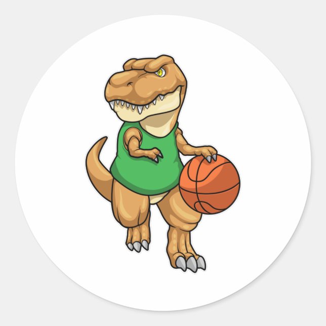 Dinosaurier beim Sport mit Basketball Runder Aufkleber (Vorderseite)