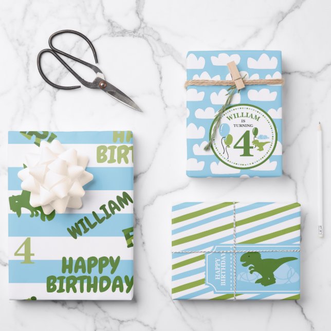 Dinosaurier Birthday Personalisiert Wrapping Paper Geschenkpapier Set (Vorderseite)