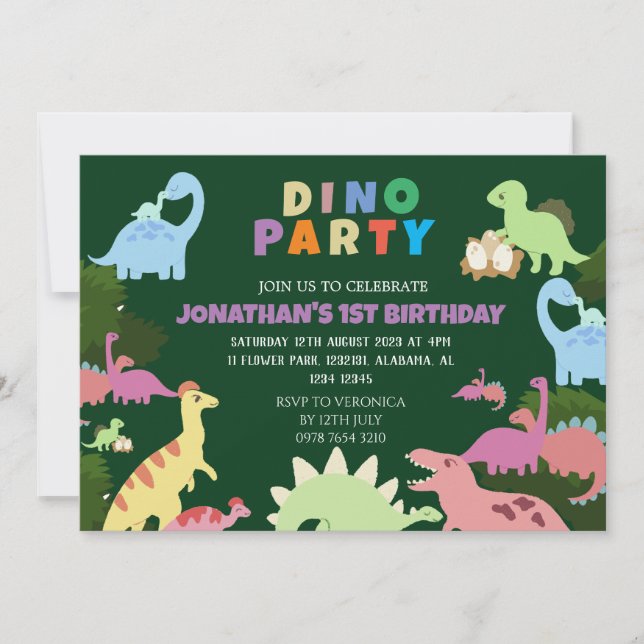 Dinosaurier Birthday Simple Niedlich First Birthda Einladung (Vorderseite)