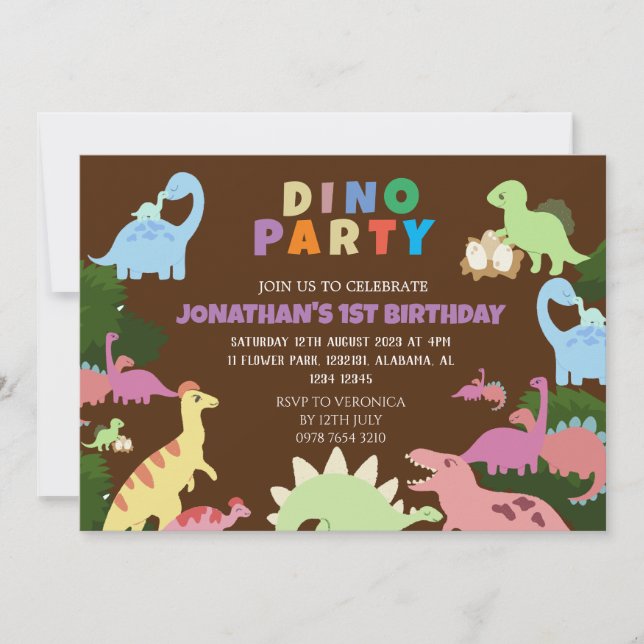 Dinosaurier Birthday Simple Niedlich First Birthda Einladung (Vorderseite)