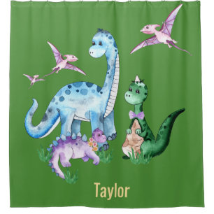 Dinosaurier Blaue Lila grüne Kinder Name Custom Duschvorhang