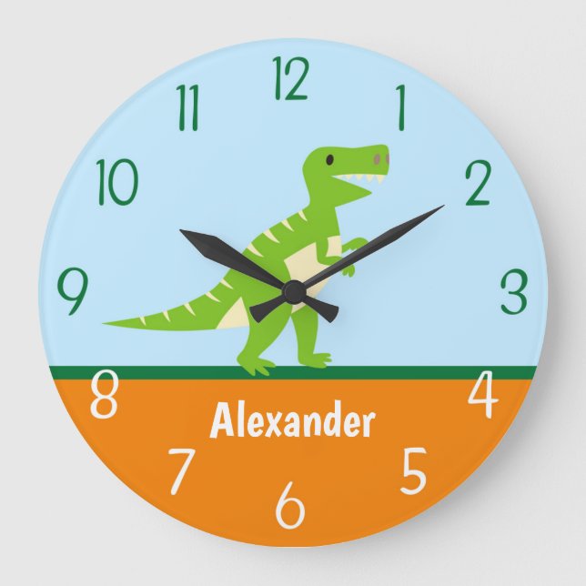 Dinosaurier-blaues Grün-Orangen-Wanduhr Große Wanduhr (Vorderseite)