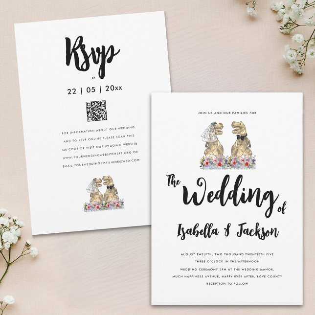 Dinosaurier Bride und Groom Boho Wildblume Hochzei Einladung (Dinosaur theme wildflower wedding invitation with T-Rex bride and groom wedding website rsvp qr code)