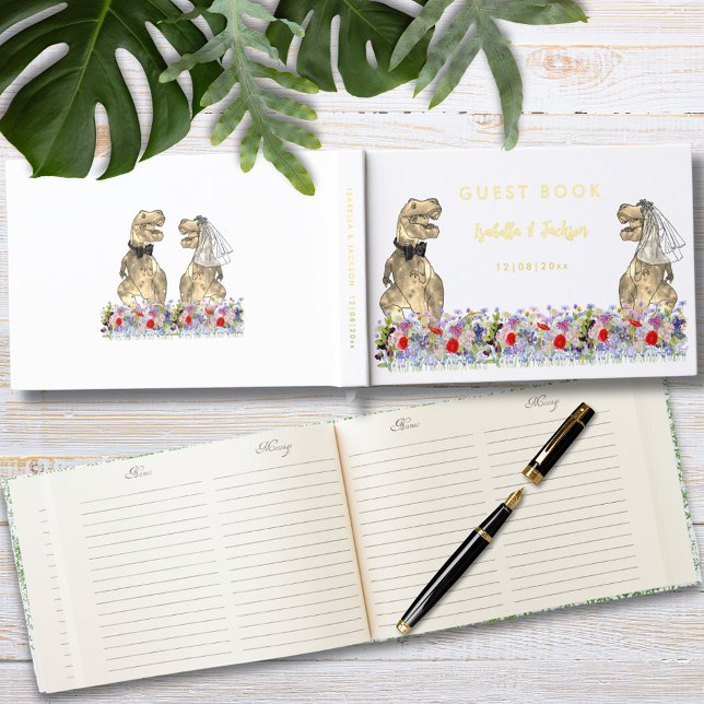 Dinosaurier Bride und Groom Floral Wedding Gold Gästebuch (Dinosaur bride and groom Jurassic watercolor floral gold foil dino wedding guest book)