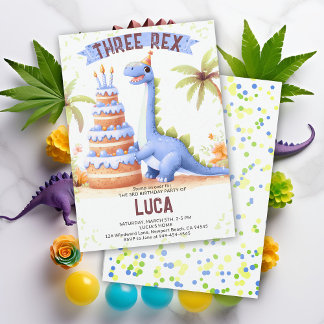 Dinosaurier Cake Three Rex Watercolor Boy Geburtst Einladung