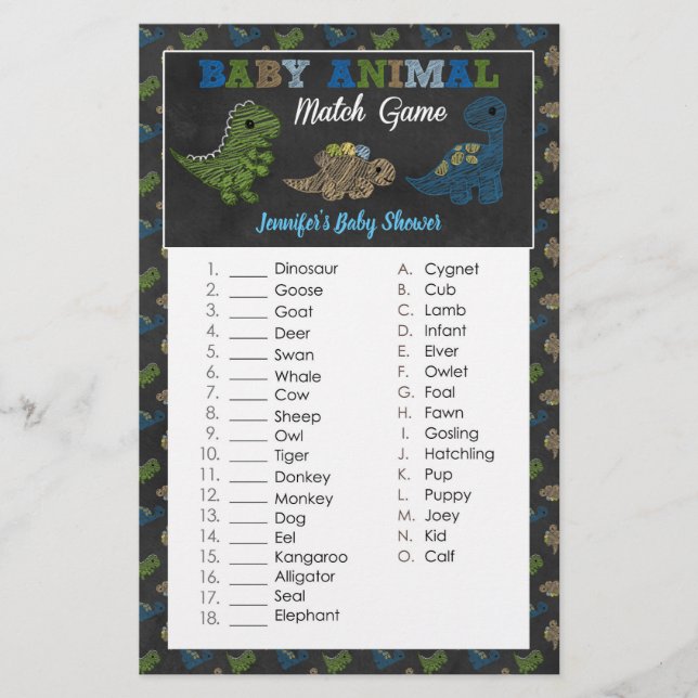 Dinosaurier Chalkboard Baby Shower Animal Match Ga (Vorderseite)