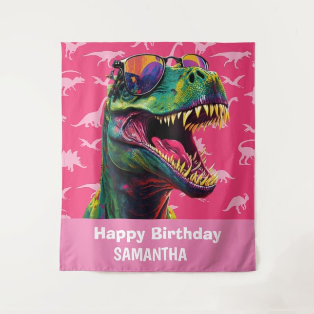 Dinosaurier Cool T Rex Rosa Hintergrund Wandteppich (Vorderseite)