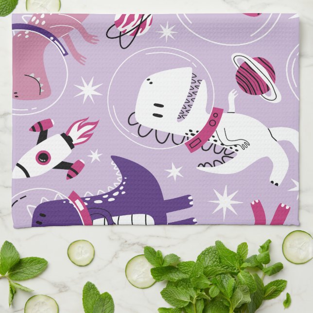 Dinosaurier, Cute Dinosaurier, Sterne, Raumschiff Geschirrtuch (Gefaltet)