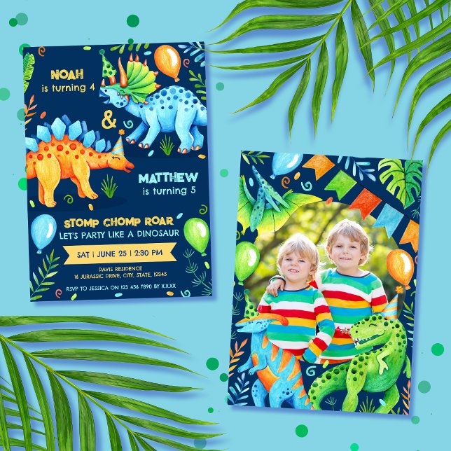 Dinosaurier Doppelzelebration Boys Geburtstags-Fot Einladung (Dinosaur Joint Boys Birthday Party Photo Invitation)