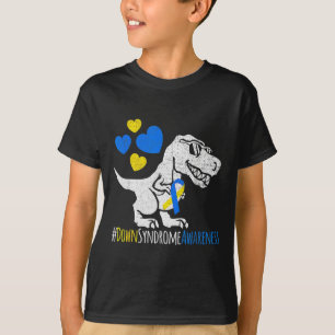 Dinosaurier-Down-Syndrom Bewusstsein Blau und Gelb T-Shirt