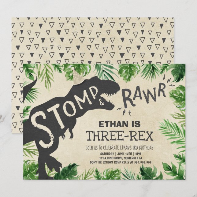 Dinosaurier Drei-Rex Geburtstag Einladung Boy Dino (Vorne/Hinten)