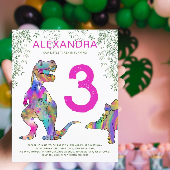 Dinosaurier Dschungel 3. Geburtstag Party rosa Bud (Dinosaur T-Rex jungle pink girls 3rd birthday party invitation )