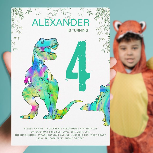 Dinosaurier-Dschungel 4. Geburtstags-Party Einladung (Dinosaur T-Rex 4th birthday party party colorful dino Jurassic jungle watercolor green and blue)
