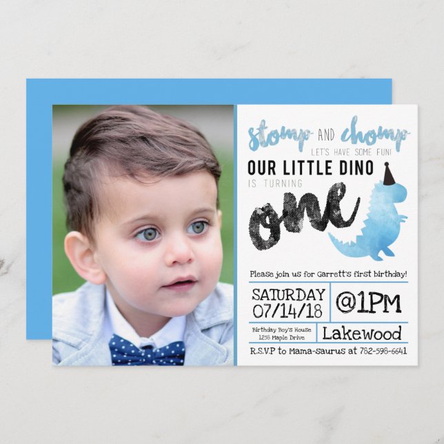 Dinosaurier Einladung Stomp und Chomp Erster Gebur (Vorne/Hinten)