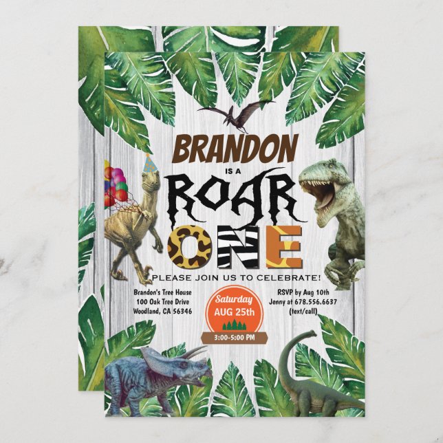 Dinosaurier Einladung zum 1. Geburtstag Roar one j (Vorne/Hinten)