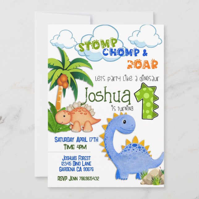 Dinosaurier Einladung zum ersten Geburtstag (Vorderseite)
