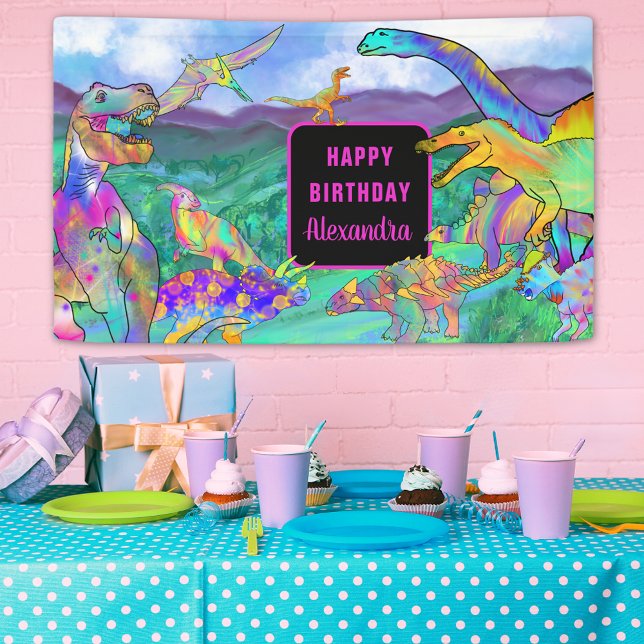 Dinosaurier farbenfrohe Aquarell Mädchen Geburtsta Banner (girls dinosaur add name birthday party banner colorful T-Rex stegosaurus brontosaurus pterodactyl)