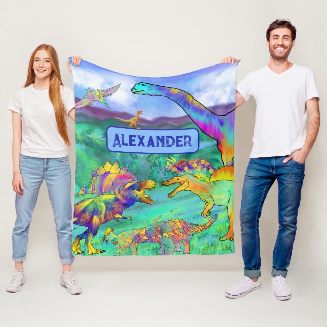 Dinosaurier farbenfrohe Personalisierte blaue Fleecedecke (Beispiel)