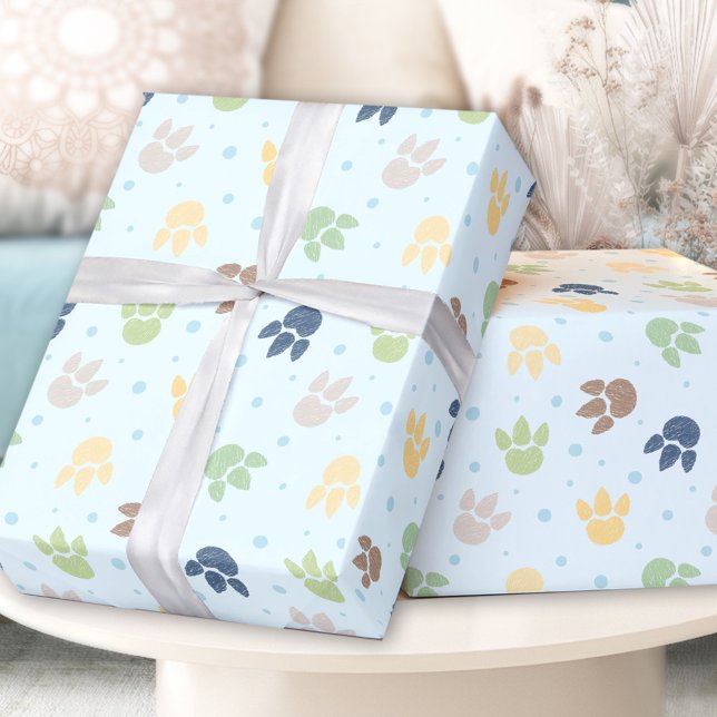 Dinosaurier Footprints Pastel Blue Green Geschenkpapier (Dinosaur Footprints Pastel Blue Green Boy Birthday Wrapping Paper)