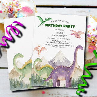 Dinosaurier & Gebirge Farbenfrohe 4. Geburtstags-P Einladung