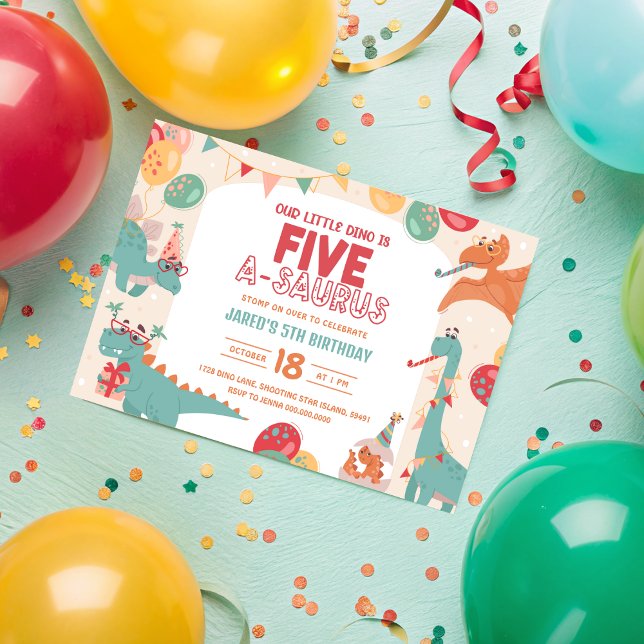 Dinosaurier Geburtstag Einladung fünf. Niedliches  (Dinosaur Birthday Invitation Five. Cute Dino 5th Party Invite. Printable Boy Modern Digital Download)