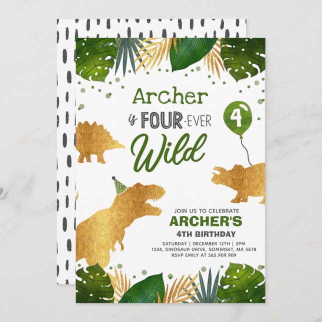 Dinosaurier Geburtstag Einladung Vier Wilde Dino P (Vorne/Hinten)
