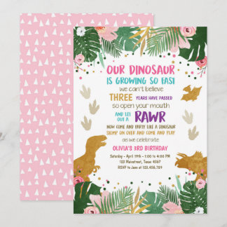 Dinosaurier-Geburtstags-Mädchen-Goldrosa verlässt Einladung