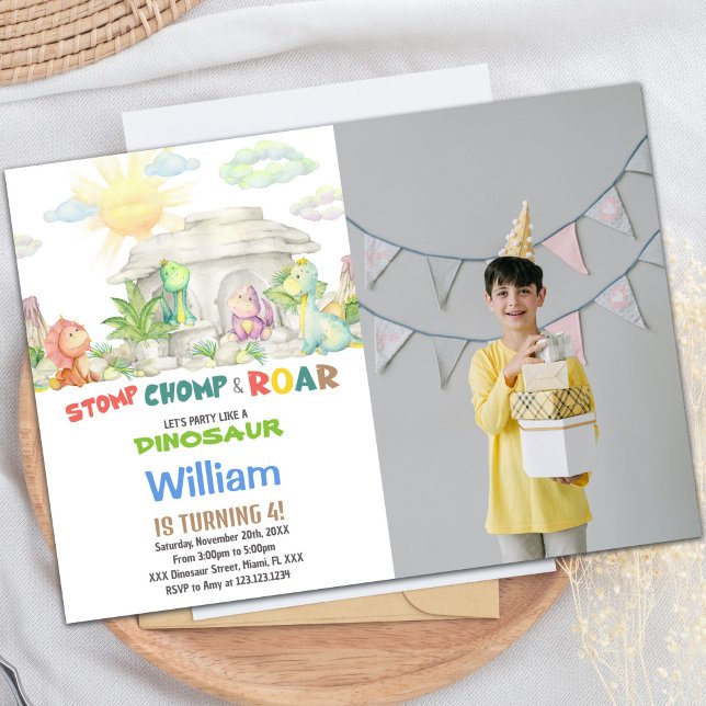 Dinosaurier Geburtstagseinladung mit Foto Einladung (Stomp Chomp Roar Dinosaur Birthday Photo Invitation)
