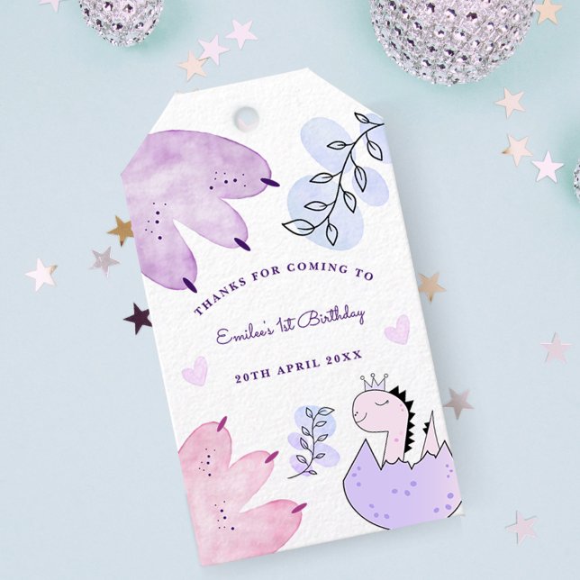 Dinosaurier Geburtstagsparty Pink Lila Danke Geschenkanhänger (Von Creator hochgeladen)