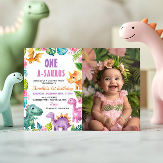 Dinosaurier Girl 1. Geburtstag Foto Einladung