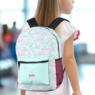 Dinosaurier Girl Turquoise Blue Pink Name Monogram Bedruckter Rucksack