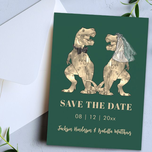 Dinosaurier Hochzeit Grün Save The Date (Simple funny dinosaur wedding save the date emerald green card)
