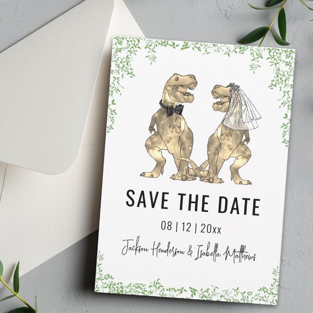 Dinosaurier Hochzeit Grün Save The Date (Funny dinosaur T-Rex bride and groom green foliage wedding save the date card)