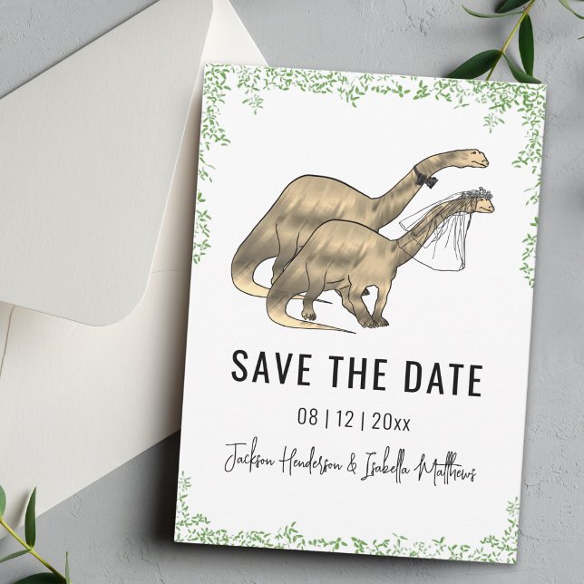 Dinosaurier Hochzeit Grün  Save The Date (Funny Dinosaur bride and groom wedding save the date card cute brontosaurus green watercolor foliage)