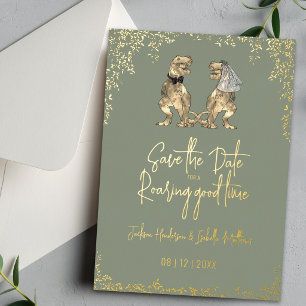 Dinosaurier Hochzeit Save the Date Salbei Grün Gol Folieneinladung