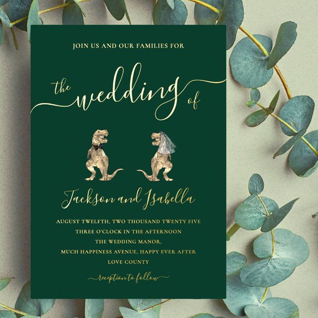 Dinosaurier Hochzeit T-Rex Braut und Groom Green G Folieneinladung (Dinosaur wedding t-Rex bride and groom dark green and elegant gold foil script wedding invitation )