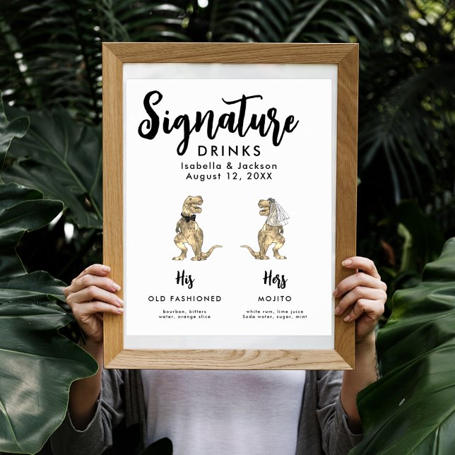 Dinosaurier Hochzeitspass und Unterschrift für den Poster (Funny Dinosaur bride and groom wedding signature drinks poster)