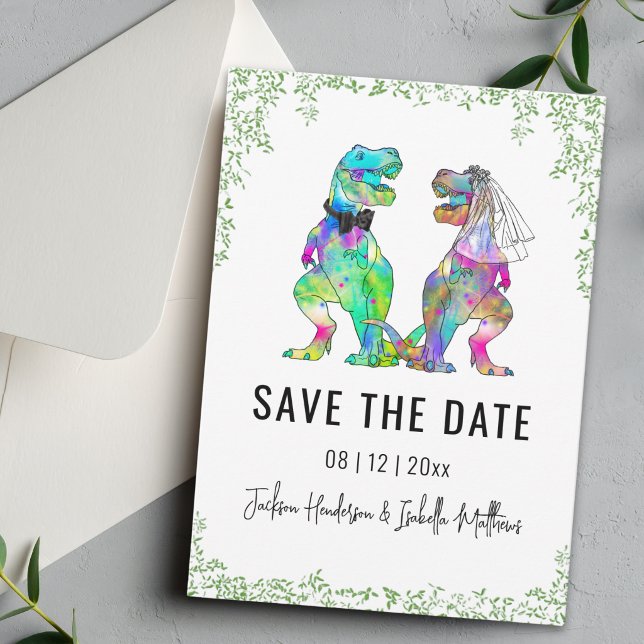 Dinosaurier-Hochzeitsthema Grün  Save The Date (Funny colorful T-Rex bride and groom Dinosaur wedding save the date card Watercolor foliage)