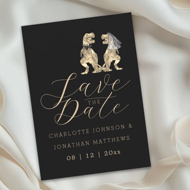 Dinosaurier Hochzeitsthema Save The Date (Elegant dinosaur theme wedding save the date invitation Funny jurassic T-Rex bride & groom)