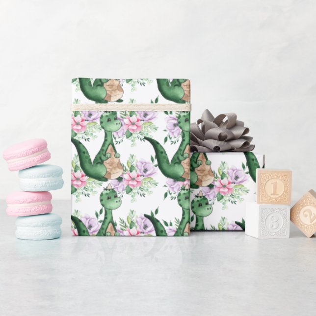 Dinosaurier in Blume Jungen Mädchen Themenparty Geschenkpapier (Babyparty)