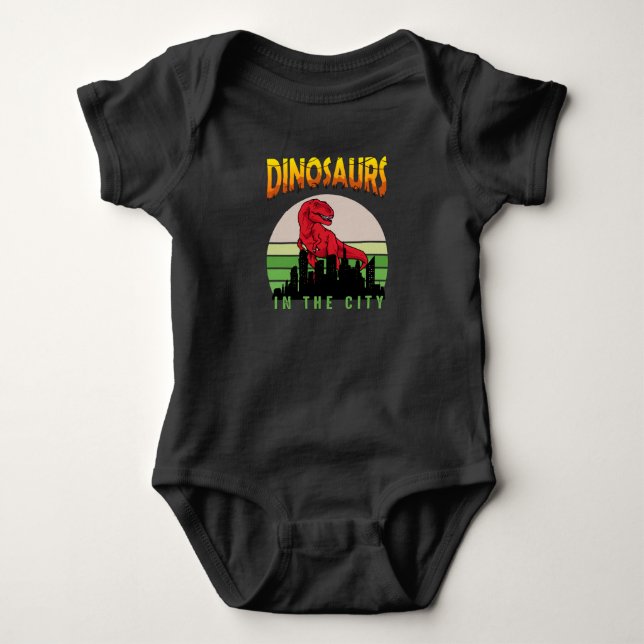 Dinosaurier in der Stadt | Dinosaurier-Design Baby Strampler (Vorderseite)