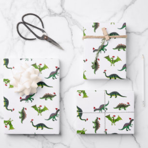 Dinosaurier in Weihnachtsmannmützen Umschlagpapier Geschenkpapier Set