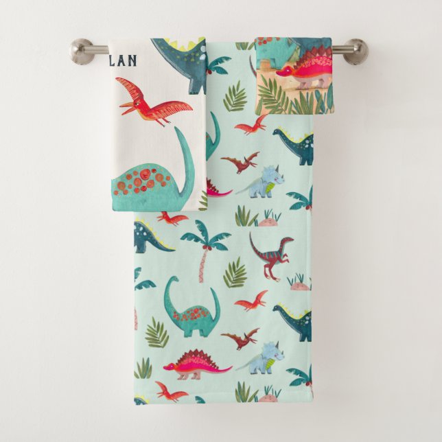 Dinosaurier-Junge blaue Monogramm-Großdruckkinder Badhandtuch Set (Insitu)