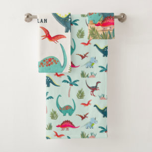 Dinosaurier-Junge blaues Monogramm All-Over-Print Badhandtuch Set