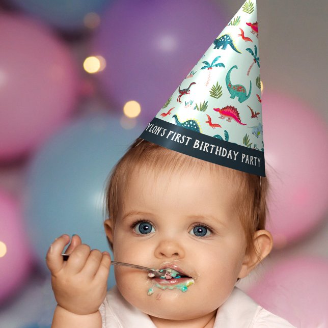 Dinosaurier Junge First Birthday Blue Party Hat Partyhütchen (Dinosaur boy First Birthday blue Party Hat)