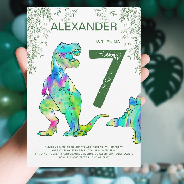 Dinosaurier Junges Birthday Party grün Einladung (T-Rex Dinosaur Jungle 7th birthday party invitation colorful Tyrannosaurus rex and stegosaurus dinos)