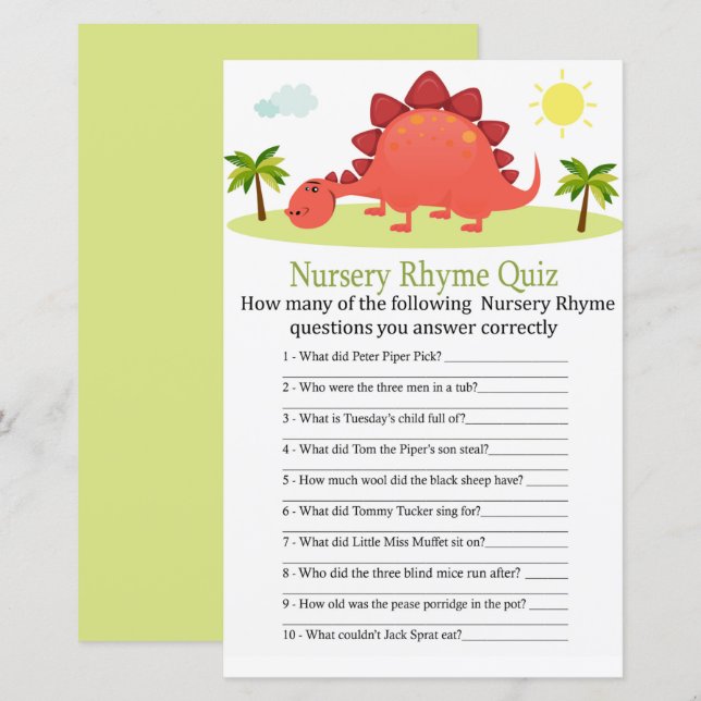 Dinosaurier Kinderzimmer Rhyme Quiz Babyduschenspi (Vorne/Hinten)