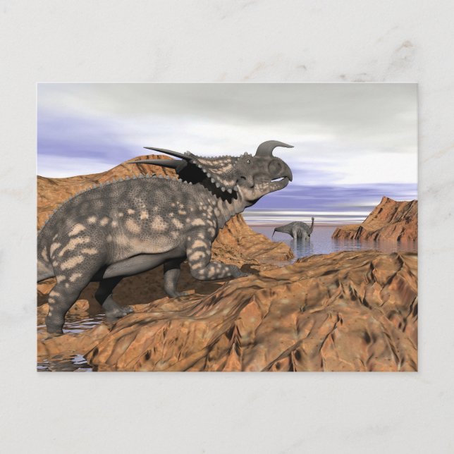 Dinosaurier-Landschaft - 3D-Darstellung Postkarte (Vorderseite)