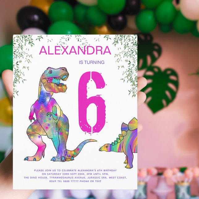Dinosaurier Mädchen 6. Geburtstagsfeier rosa Budge (Girls pink dinosaur 6th birthday party budget invitation with colorful T-Rex stegosaurus dinos )